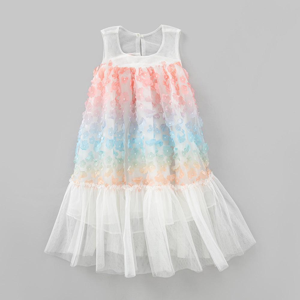 Baby Girl Colorful Flower Patched Design Sleeveless Mesh Dress