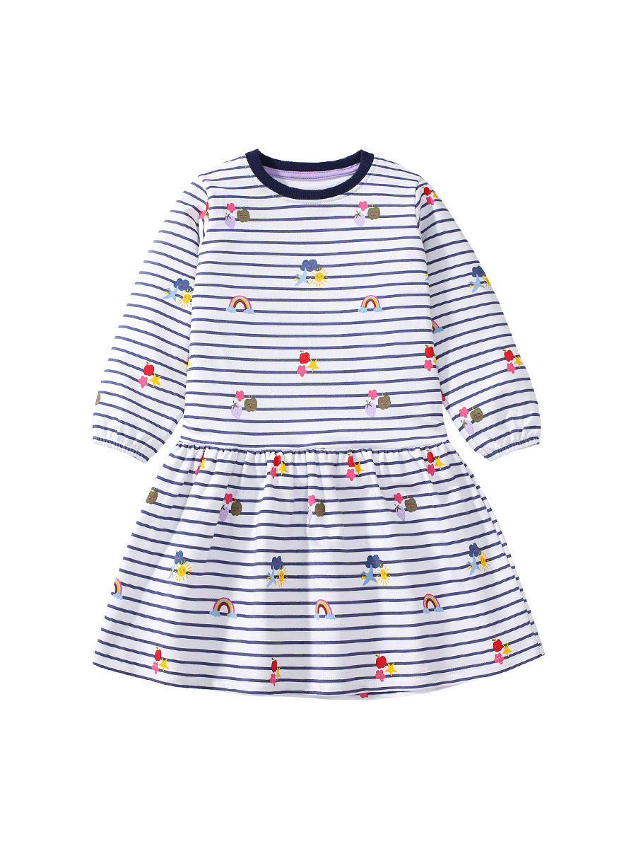 Best Selling Autumn Girls Rainbow And Striped Pattern Crew Neck Long Sleeves Dress