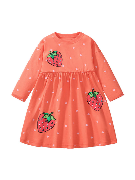 Autumn New Arrival Girls’ Strawberry Pattern Dots Crew Neck Long Sleeves Dress