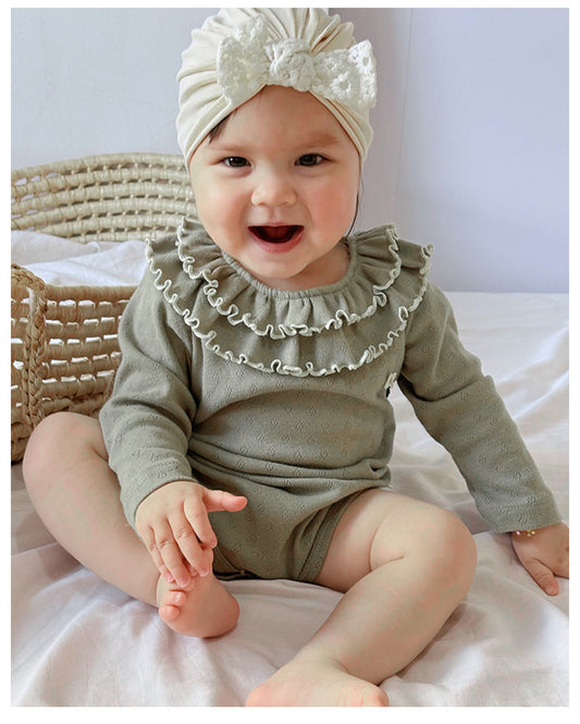 Spring New Arrival Baby Girls Long Sleeves Ruffle Design Onesies Bodysuits with Simple Embroidery