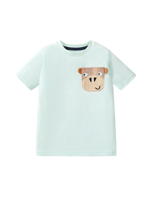 Camiseta de manga corta con bolsillos y dibujos de animales para niños en estilo europeo y americano para el verano