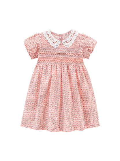 Summer Baby Kids Girls Short Sleeves Lace Collar Print Dress