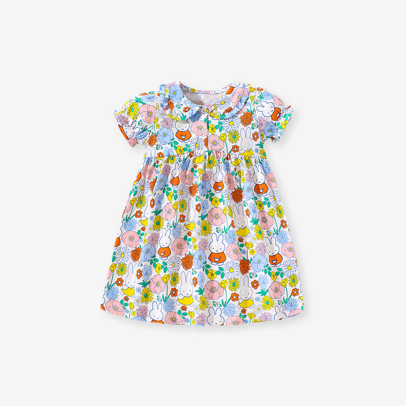 Summer Girls Short Sleeves Flowers Print Peter Pan Collar Dress