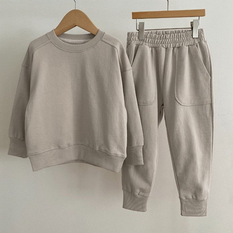 Autumn Baby Kids Unisex Casual Solid Color Long Sleeves Pullover and Pocketed Pants Clothing Set