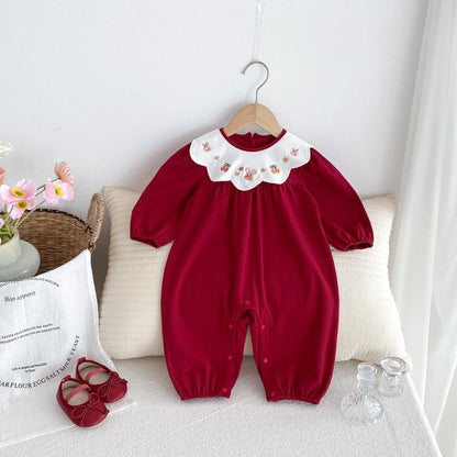 Arrival Baby Girls Long Sleeves Cartoon Embroidered Collar Red Rompers