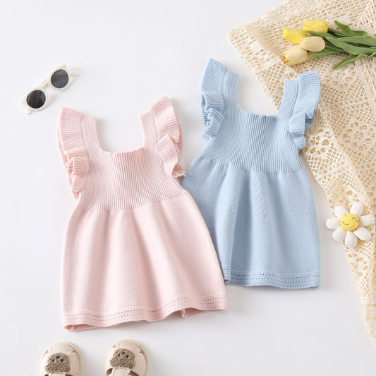 Vestido de punto con mangas abullonadas de color liso sencillo para niñas y bebés de verano 