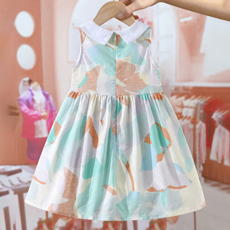 Arrival Summer Girls Sleeveless Peter Pan Collar Colorful Pattern Thin Dress