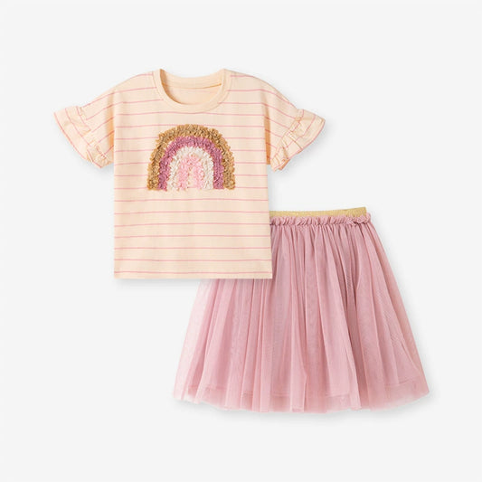 Summer Baby Kids Rainbow Pattern T-shirt and Tulle Skirt Clothing Set for Girls