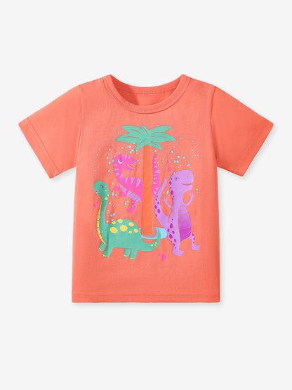 Girls’ Dinosaurs Cartoon Pattern Short Sleeves T-shirt in European and American Style for Summer