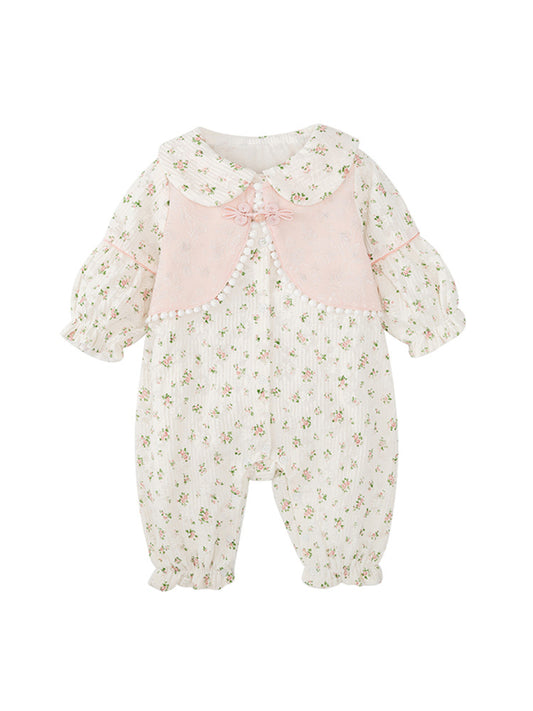 Autumn New Arrival Baby Girls Flowers Pattern Single Breasted Romper with Cute Collar