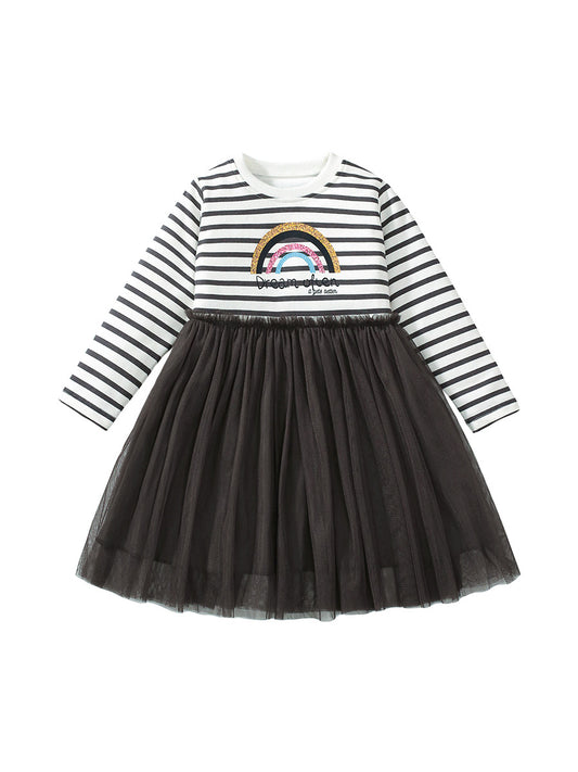 Best Selling Autumn Girls Rainbow And Striped Pattern Crew Neck Long Sleeves Tulle Patchwork Dress