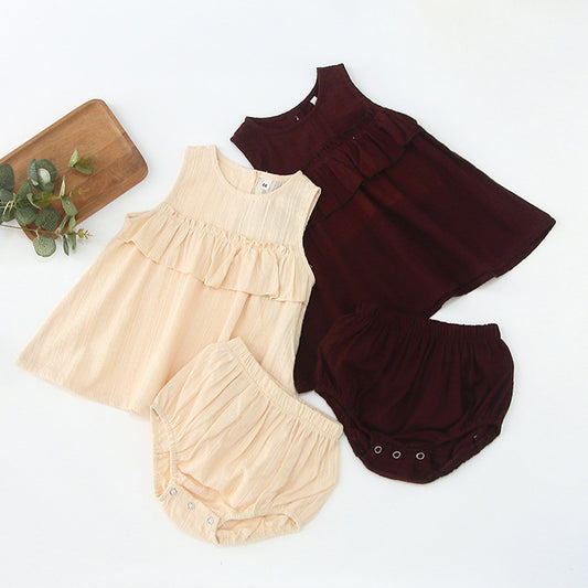 Summer Hot Selling Baby Girls Sleeveless Pleated Solid Color Top Vest Dress And Bloomers Clothing Set