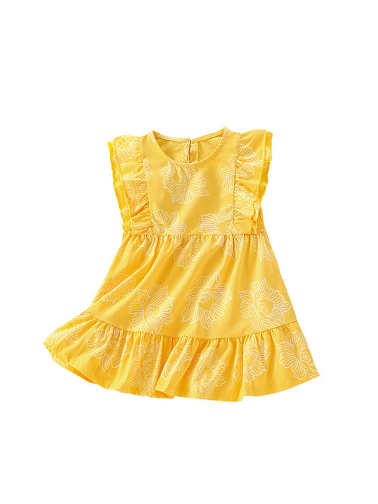 Summer New Arrival Girls’ Flowers Pattern Fly Sleeves Crew Neck Yellow Dress