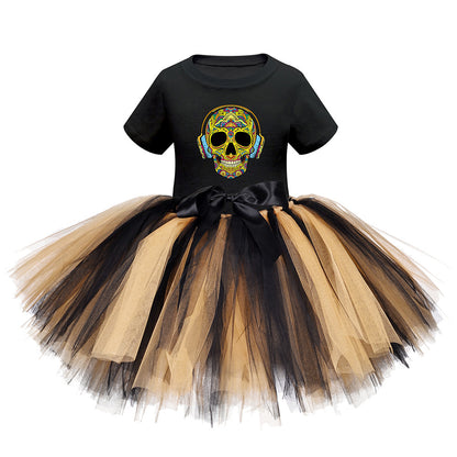 Arrival Girls’ Halloween Costume: Short Sleeves Cartoon Print Witches Cosplay Party Tulle Patchwork Dress