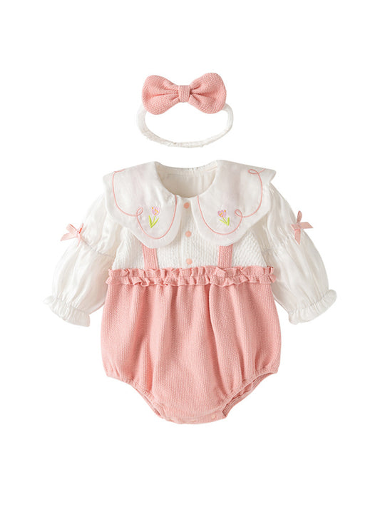 Autumn New Arrival Baby Girls Flowers Pattern Embroidery Collar Color Patchwork Onesies