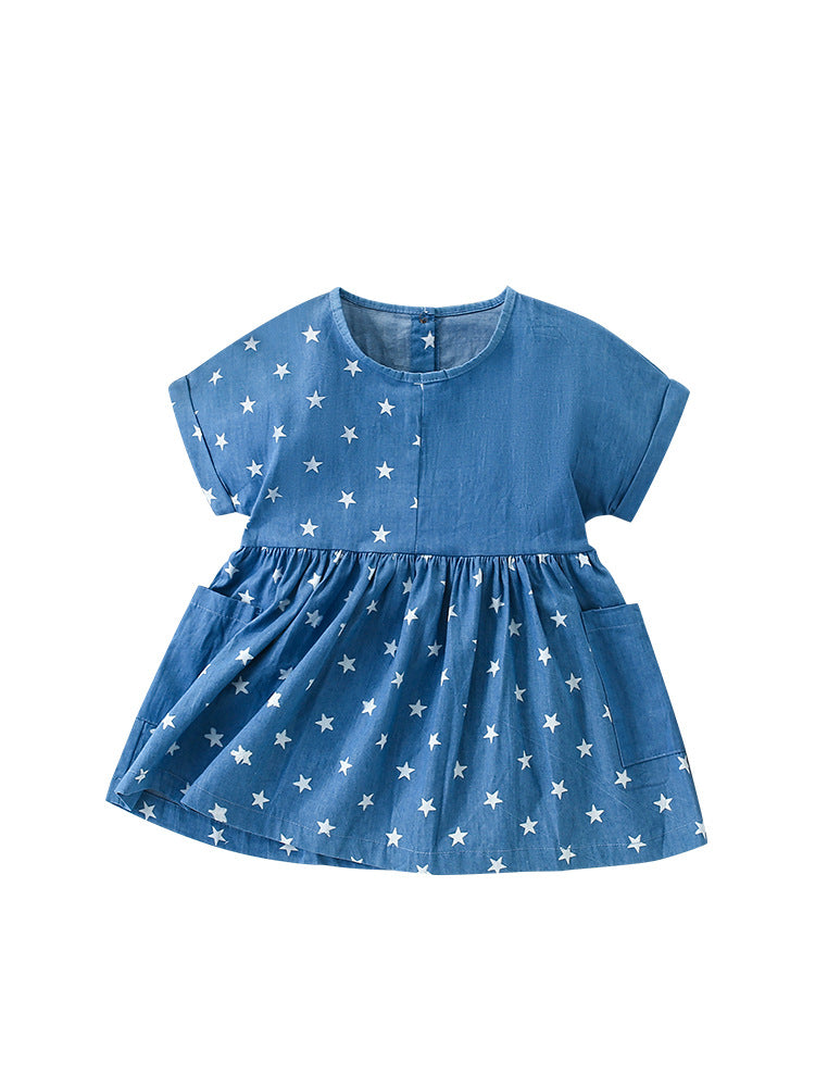 Summer New Arrival Girls’ Stars Pattern Patchwork Short Sleeves Crew Neck Dress