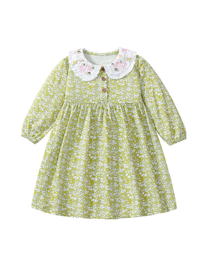 Vestido de princesa de manga larga con cuello Peter Pan y estampado floral bordado para niñas de otoño 