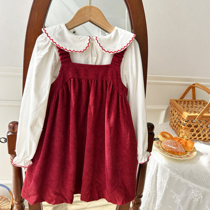 Autumn Girls Cherry Embroidered Long Sleeves Heart Pattern French Corduroy Dress