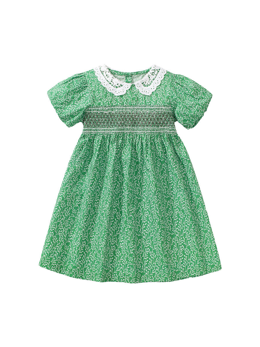 Vestido de verano con estampado de enredadera y cuello de encaje y mangas cortas para niñas y bebés 