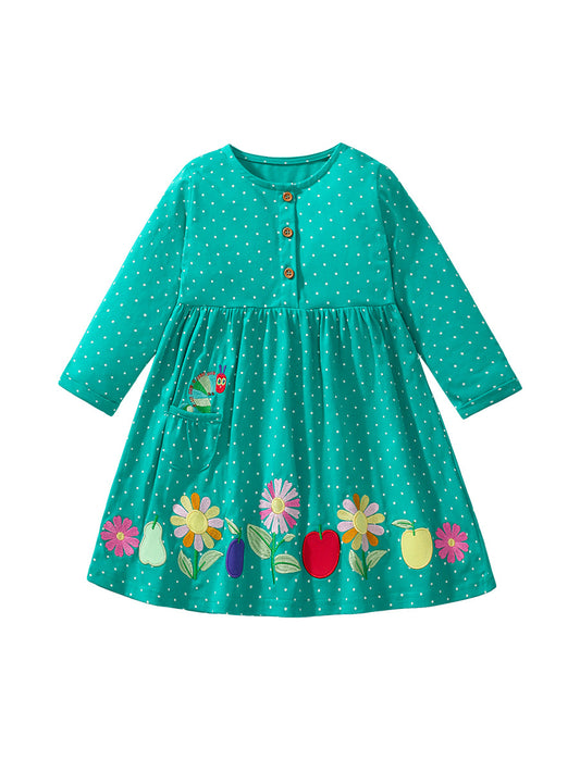 Vestido verde de manga larga con cuello redondo y estampado de flores y frutas para niñas de otoño 