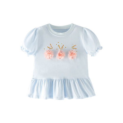 Colección de ropa de verano para niñas: vestido camiseta infantil con flores y lentejuelas