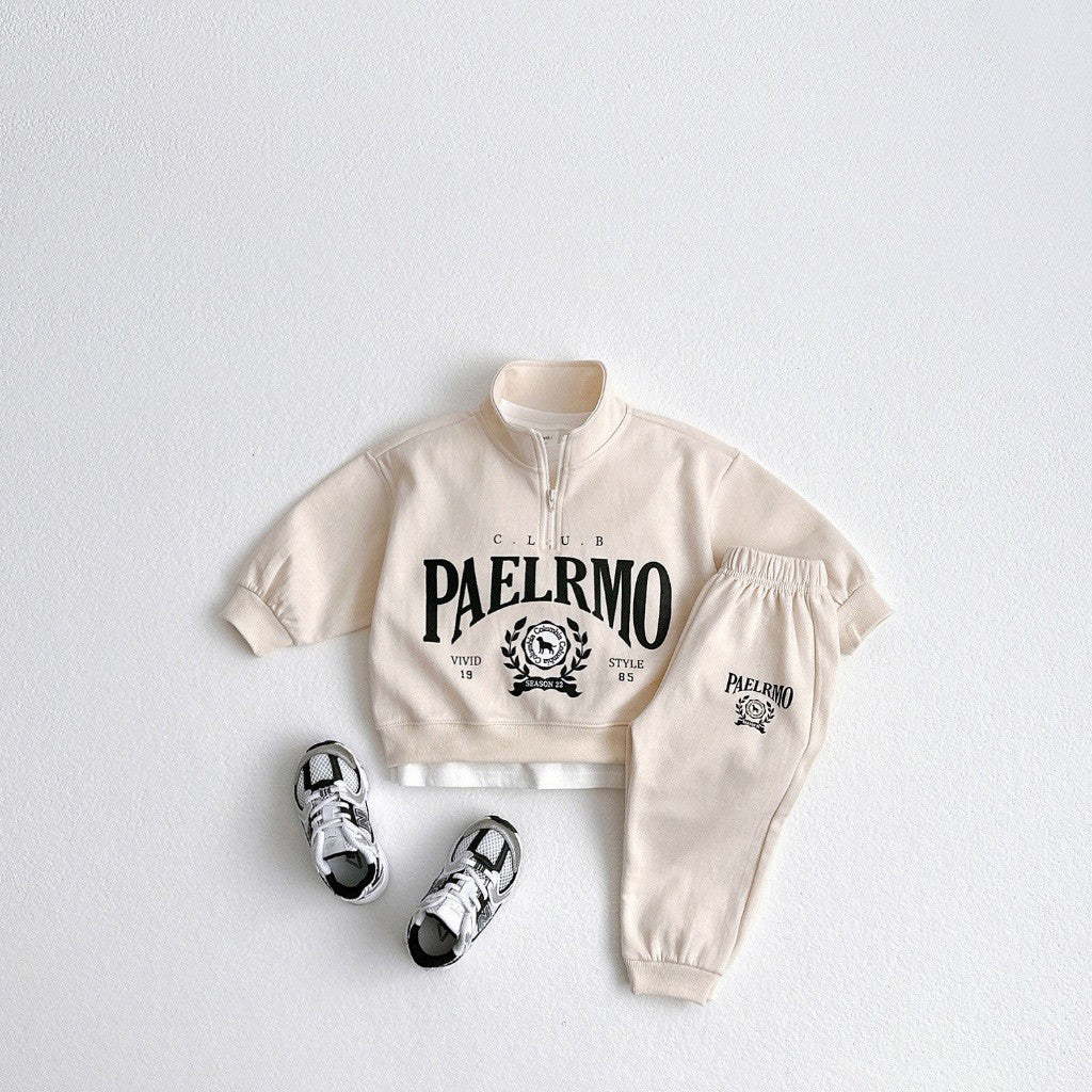 Spring and Autumn Kids Unisex Casual Letters Pattern Long Sleeves Zip-up Stand Collar Top and Pants Clothing Set