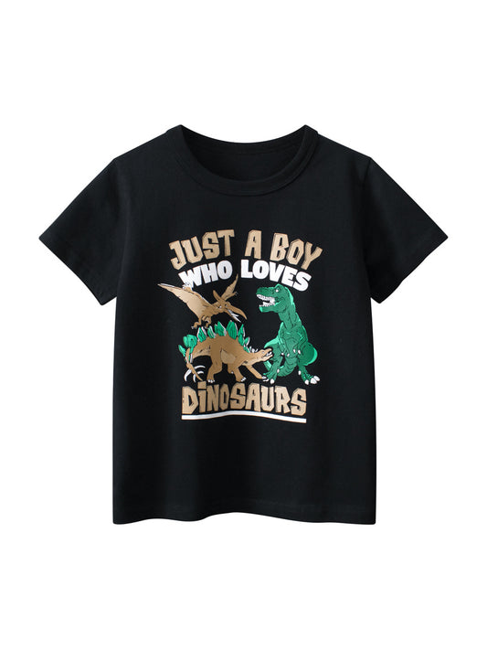 Boys’ Cartoon Dinosaur and Letters Print T-shirt in European and American Style