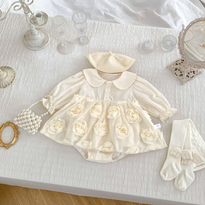 Autumn New Arrival Baby Girls Long Sleeves Solid Color 3D Tulle Flowers Attached Bodysuits Dress