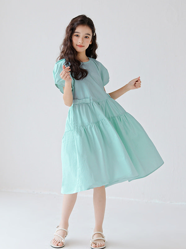 Hot Selling Summer Kids Girls Simple Style Solid Color Plain Cotton Short Sleeves Green Dress