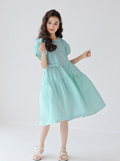 Hot Selling Summer Kids Girls Simple Style Solid Color Plain Cotton Short Sleeves Green Dress