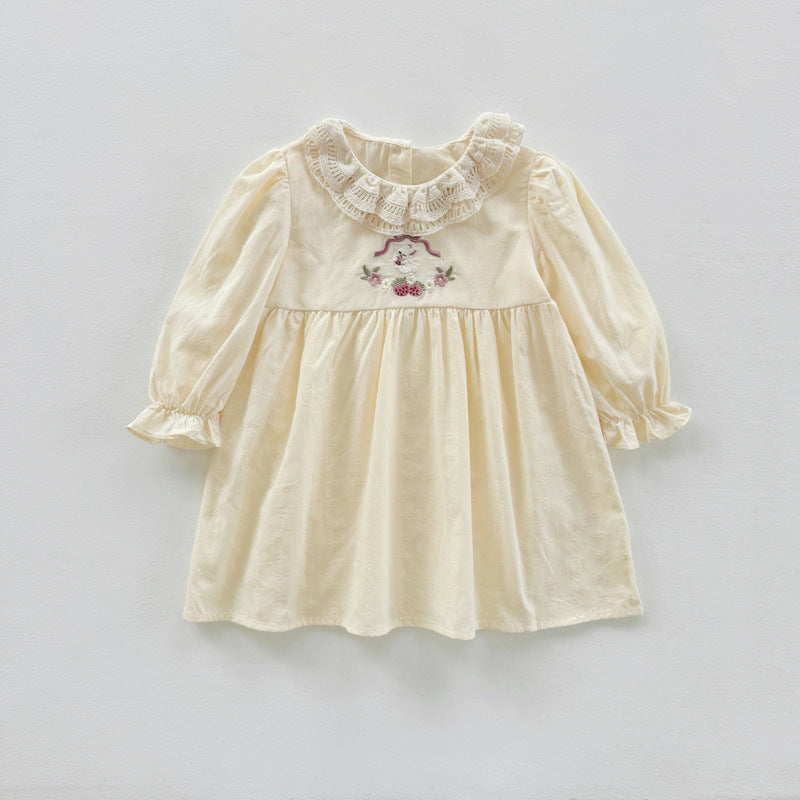 Arrival Autumn Girls Simple Cartoon Embroidery Pattern Long Sleeves Hollow-out Collar Dress