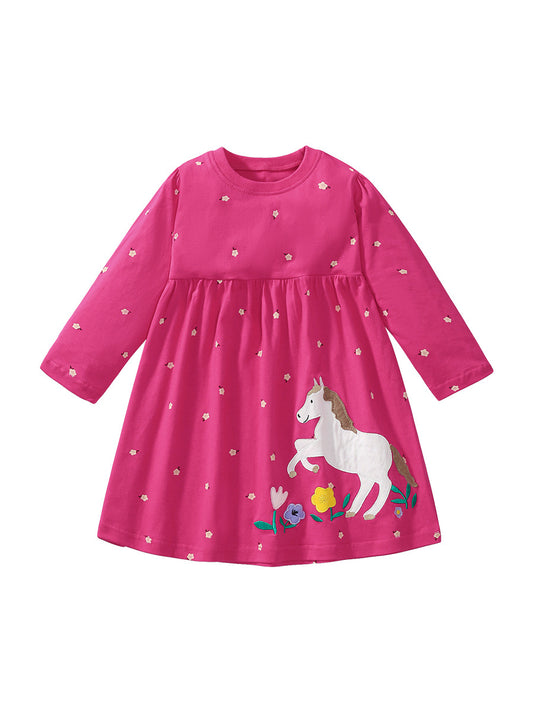 Cheap Autumn Girls Cartoon Flowers And Horse Pattern Crew Neck Long Sleeves Casual Dress