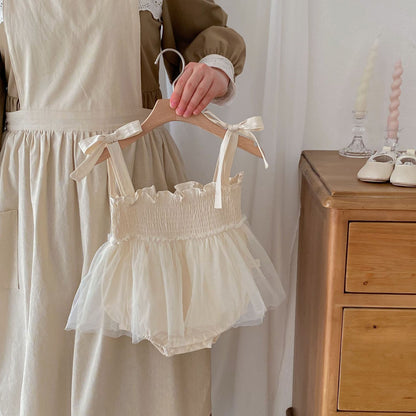 Summer New Arrival Baby Girls Sleeveless Solid Color Pleated Strap Tulle Onesies Dress