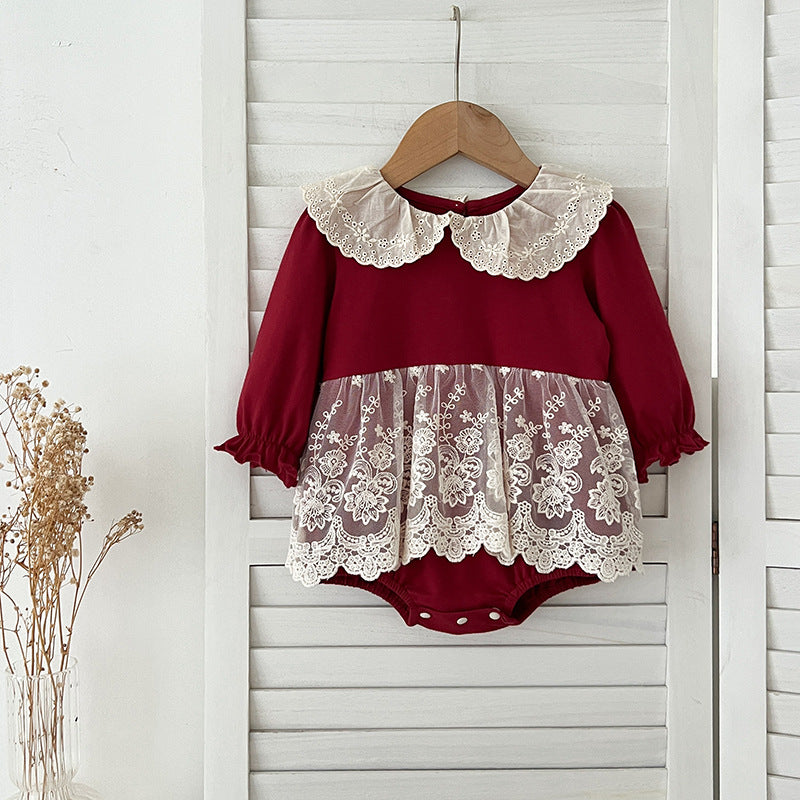 Autumn New Arrival Baby Girls Long Sleeves Hollow-out Collar Tulle Patchwork Onesies