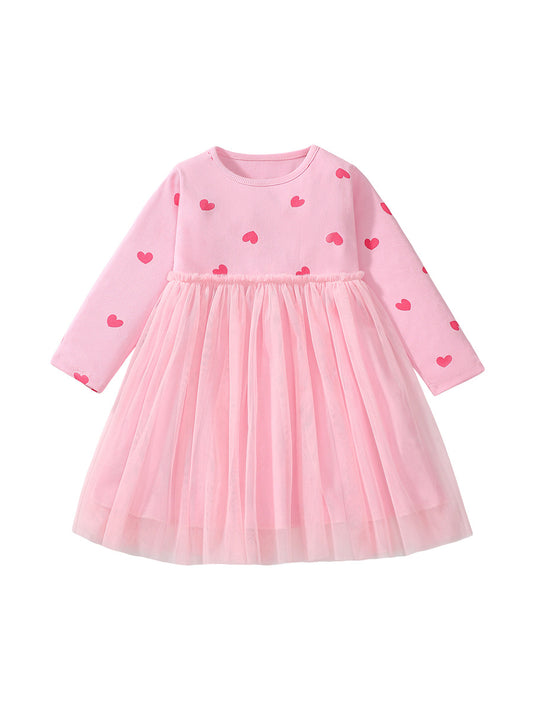 Arrival Autumn Girls Heart Print Crew Neck Long Sleeves Tulle Patchwork Dress