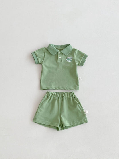 Summer Baby Kids Boys Alligator Logo Polo Top And Solid Color Shorts Casual Clothing Set