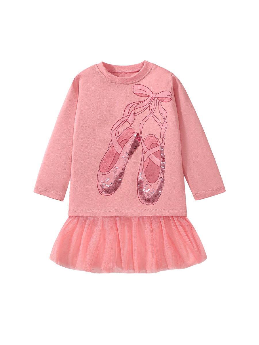 Vestido tipo camiseta de manga larga con zapatos de baile de dibujos animados para niñas en estilo europeo y americano para otoño 