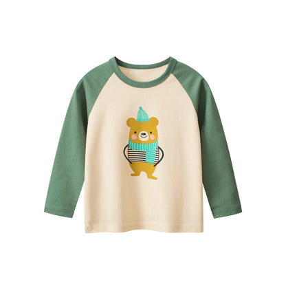 Kids Girls Teddy Bear Cartoon Print Crew Neck Long Sleeves Color Patchwork Shirt