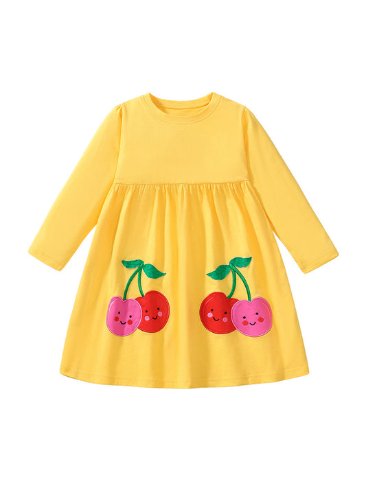 Vestido amarillo de manga larga con cuello redondo y estampado de cerezas de dibujos animados para niñas, el más vendido y barato de otoño 