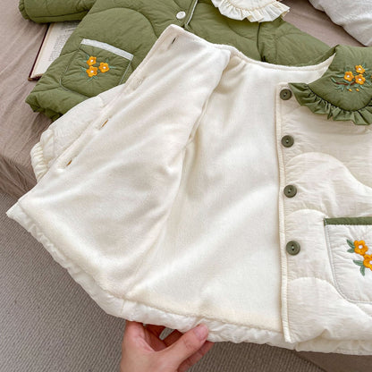 Winter New Arrival Baby Kids Girls Flowers Embroidery Single Breasted Thick Coat