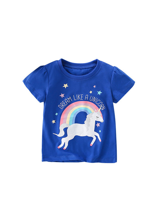 Girls’ Cartoon Rainbow Unicorn Print Short Sleeves T-Shirt In European And American Style For Summer