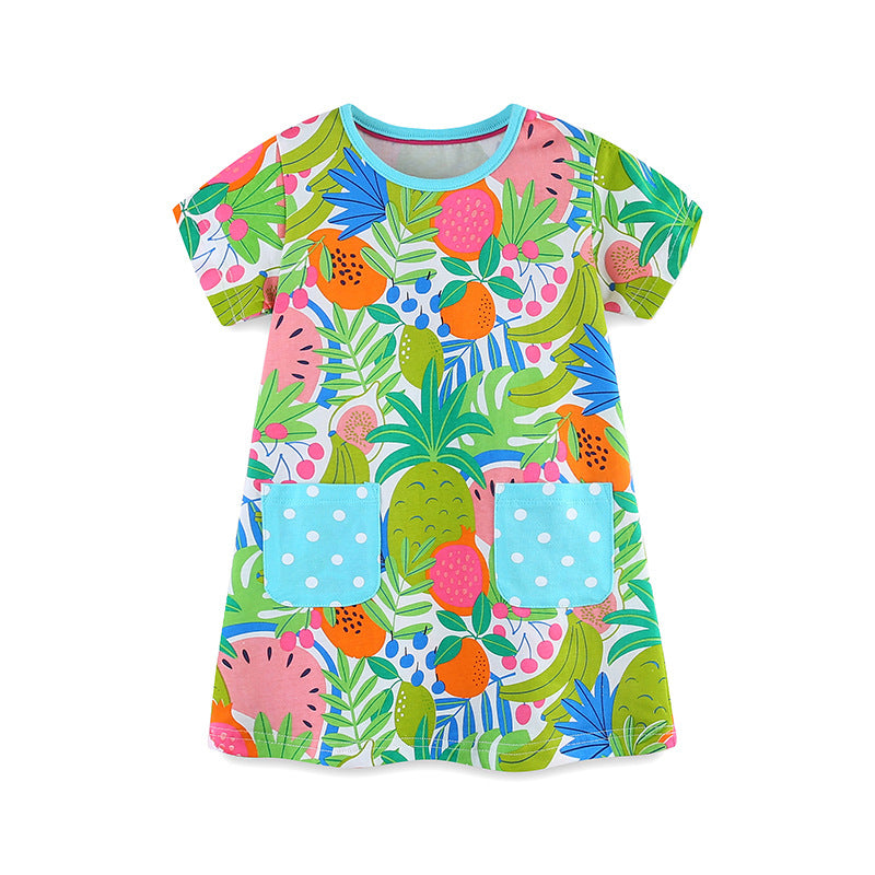 Vestido de manga corta con estampado de frutas tropicales para niña, recién llegado de verano 