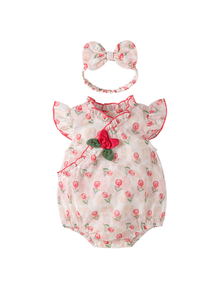 Monos lindos y dulces con mangas abullonadas y cuello con estampado de flores de rosas rojas para niñas de nuevo diseño de verano 