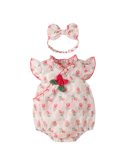 Monos lindos y dulces con mangas abullonadas y cuello con estampado de flores de rosas rojas para niñas de nuevo diseño de verano 