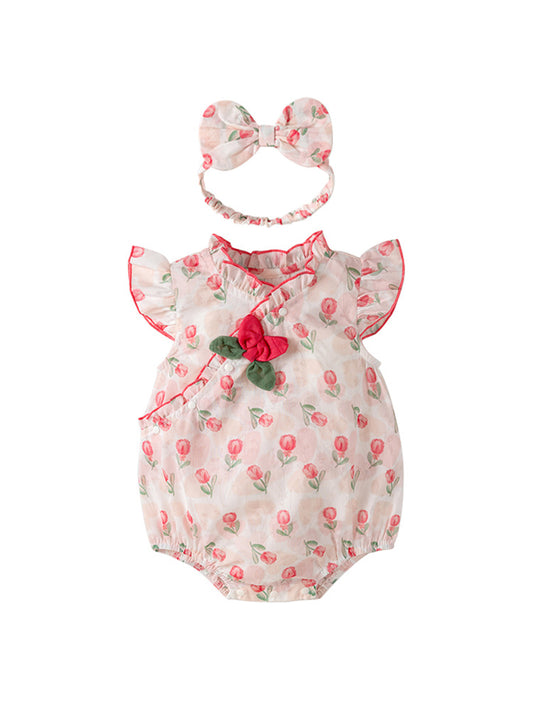 Summer New Design Baby Girls Red Rose Flowers Pattern Fly Sleeves Ruffle Neck Sweet Cute Onesies