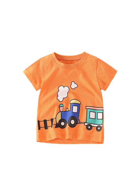 Summer Boys’ Little Train Cartoon Print Short Sleeves T-Shirt In European And American Style For Summer