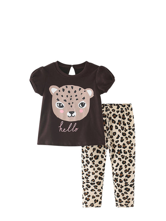 Summer Baby Kids Girls Leopard Cartoon Print T-Shirt And Pants Clothing Set