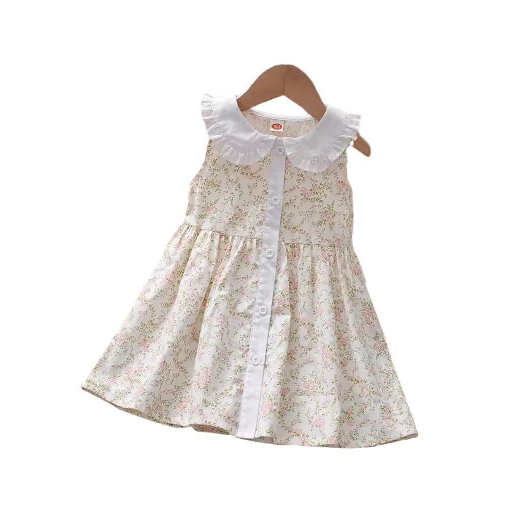 Summer Baby Kids Girls Sleeveless Single Breasted Simple Floral Print Princess Dress