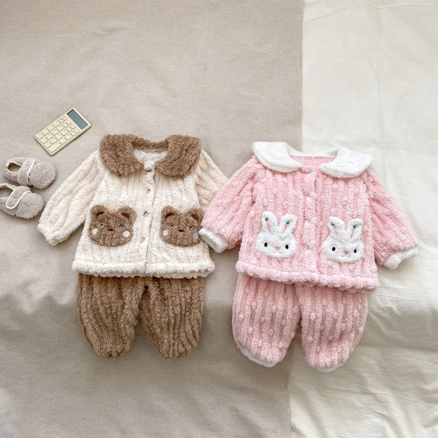 Winter Hot Selling Baby Cute Rabbits Pattern Fleece Thickened Top and Trousers Sets Pajamas