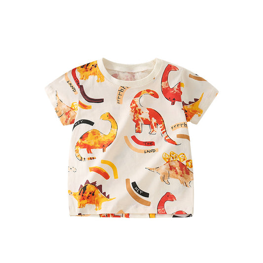 Girls’ Cartoon Orange Dinosaur Pattern Short Sleeves T-Shirt In European And American Style For Summer